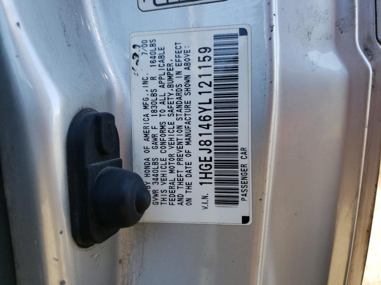 2000 Honda Civic Ex VIN: 121159 Lot: 86093695