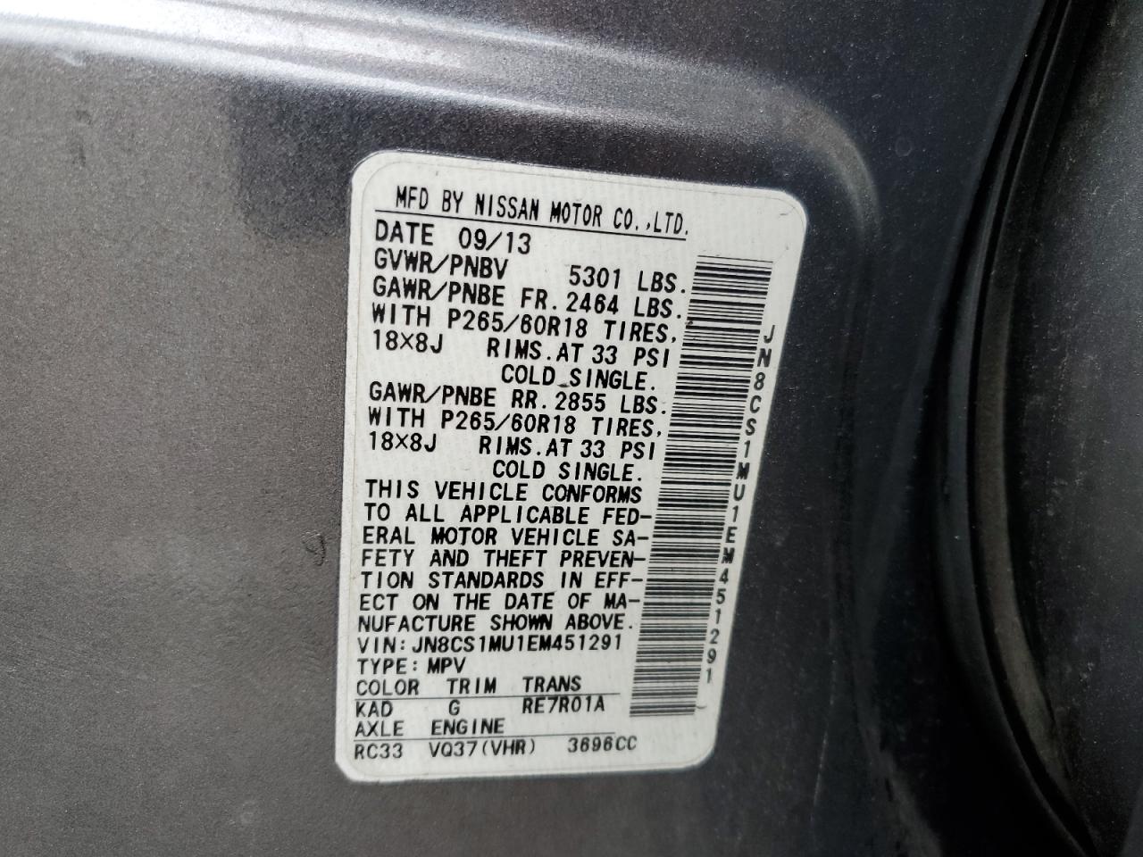 2014 Infiniti Qx70 VIN: JN8CS1MU1EM451291 Lot: 85360105