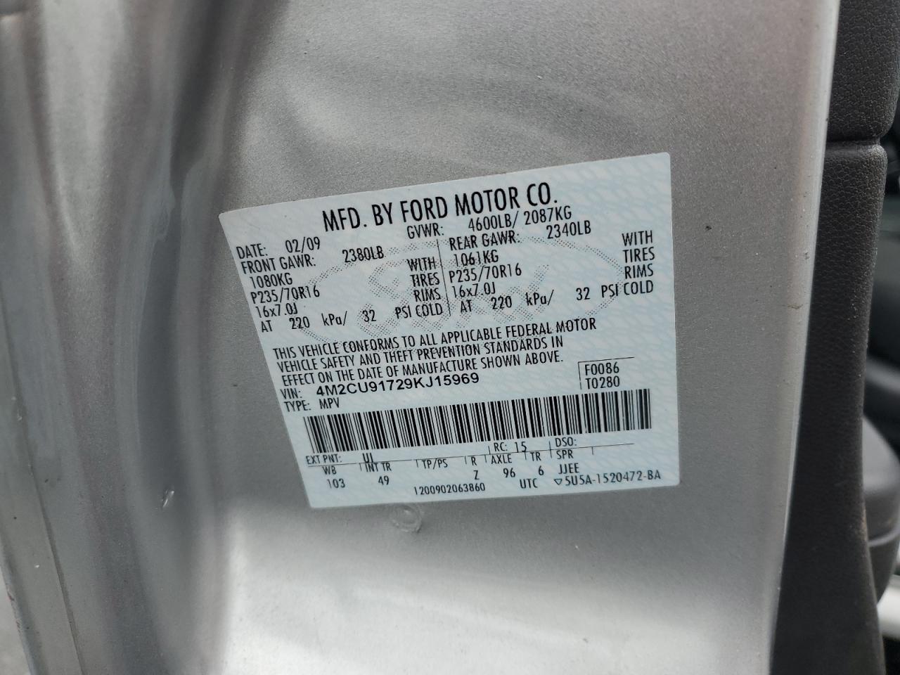 2009 Mercury Mariner VIN: 4M2CU91729KJ15969 Lot: 86498475