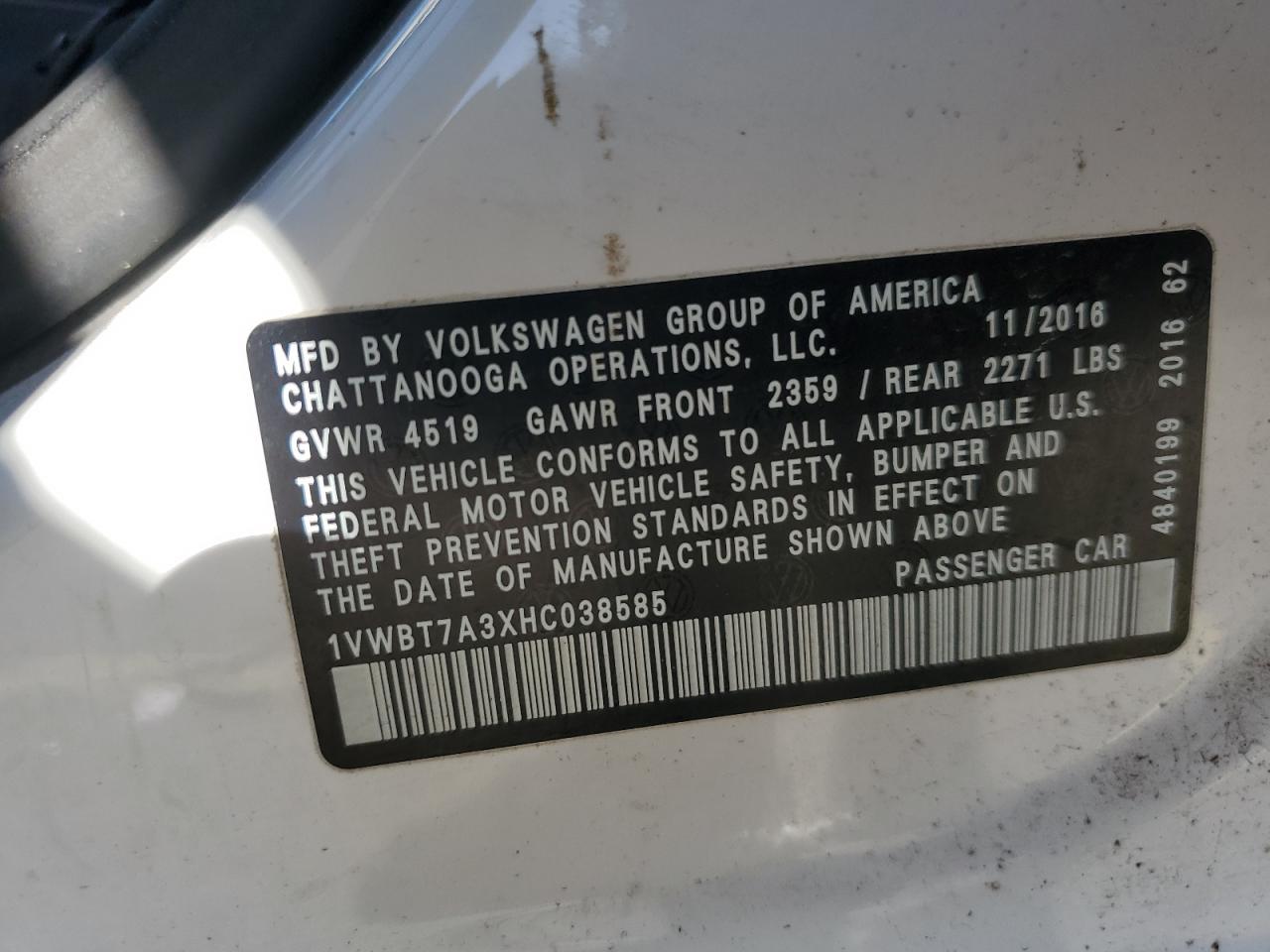 2017 Volkswagen Passat Se VIN: 1VWBT7A3XHC038585 Lot: 85599675