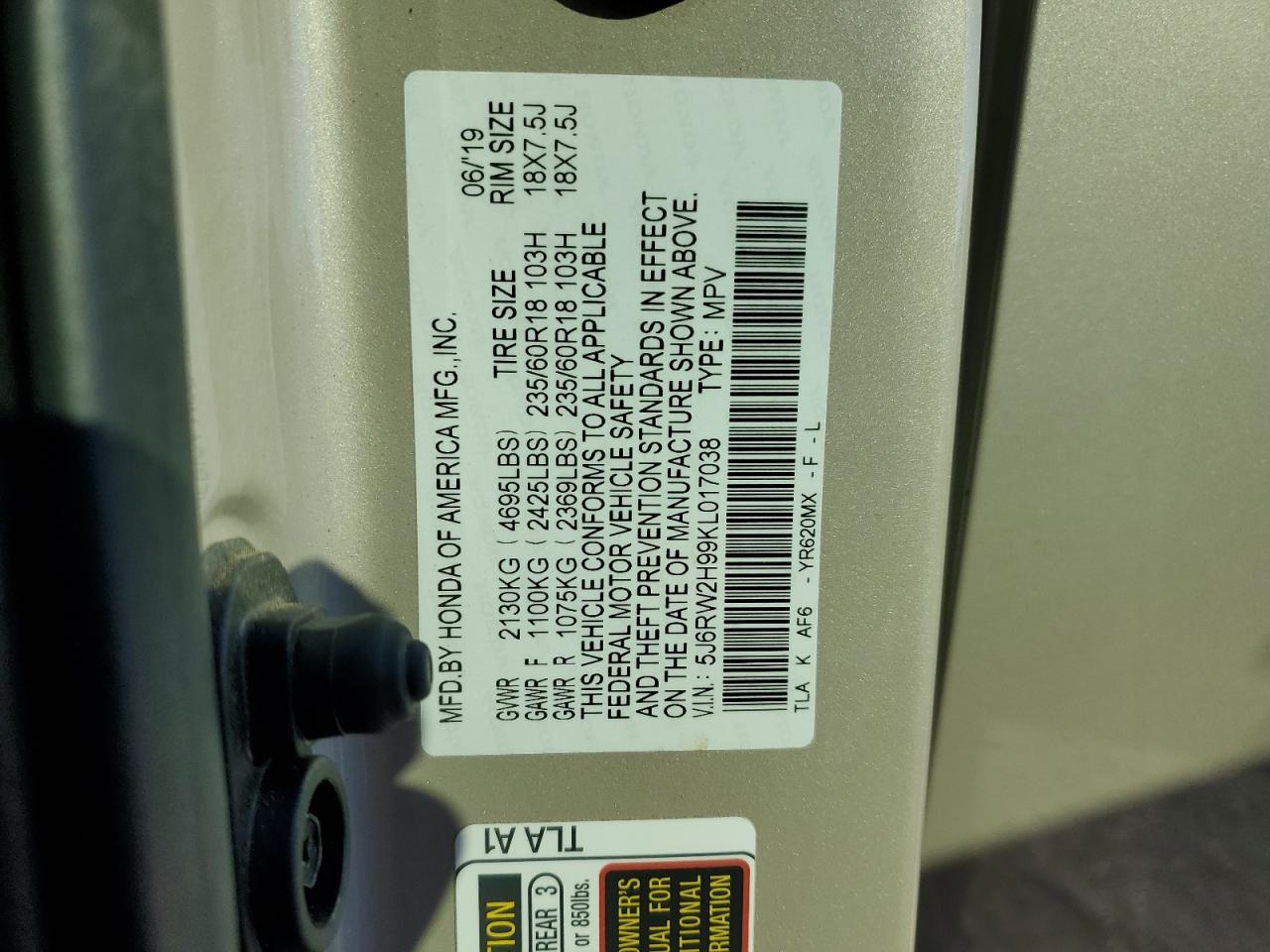 2019 Honda Cr-V Touring VIN: 5J6RW2H99KL017038 Lot: 85514715