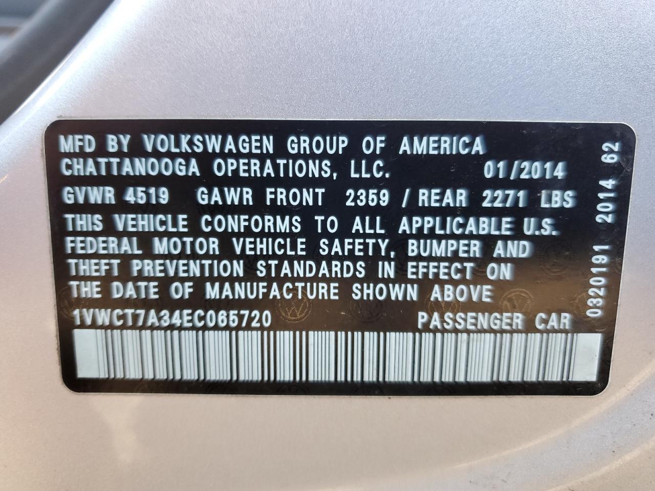 2014 Volkswagen Passat Sel VIN: 1VWCT7A34EC065720 Lot: 86407335
