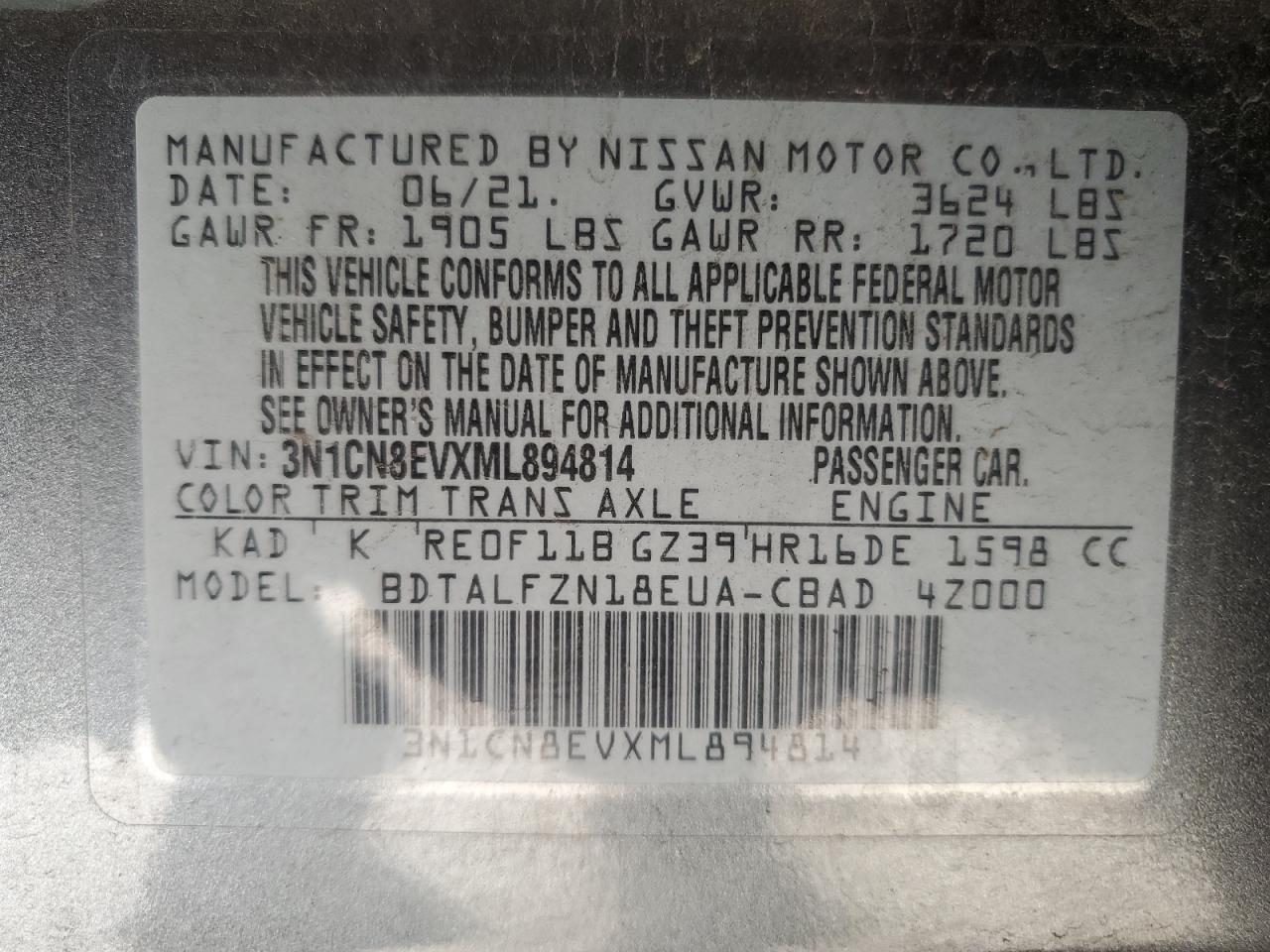 2021 Nissan Versa Sv VIN: 3N1CN8EVXML894814 Lot: 84912375