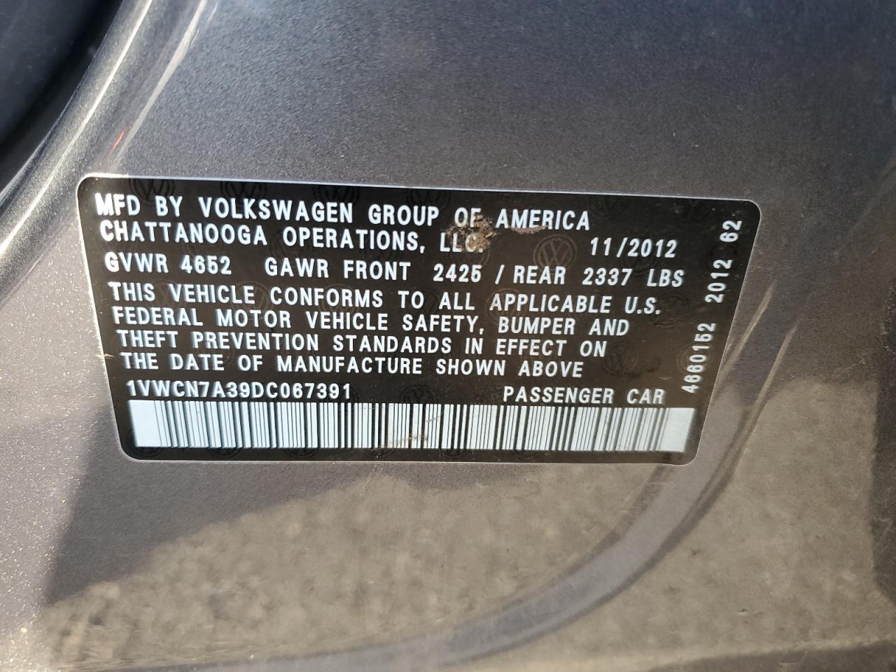 2013 Volkswagen Passat Sel VIN: 1VWCN7A39DC067391 Lot: 85530965