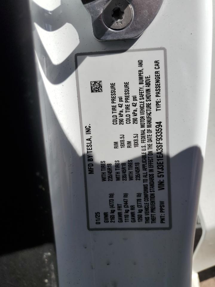 2025 Tesla Model 3 VIN: 5YJ3E1EA3SF933594 Lot: 84966175