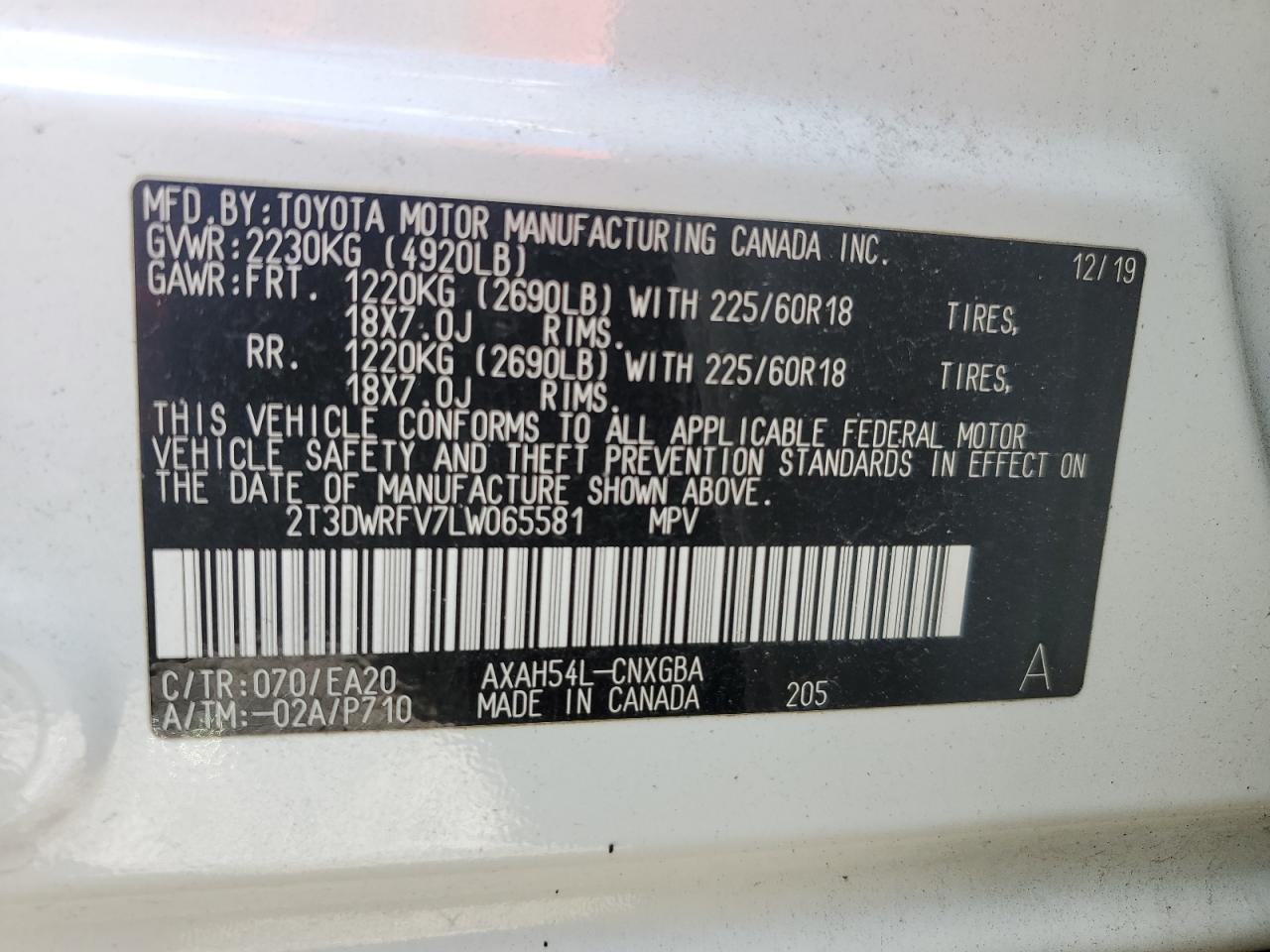 2020 Toyota Rav4 Limited VIN: 2T3DWRFV7LW065581 Lot: 89561855