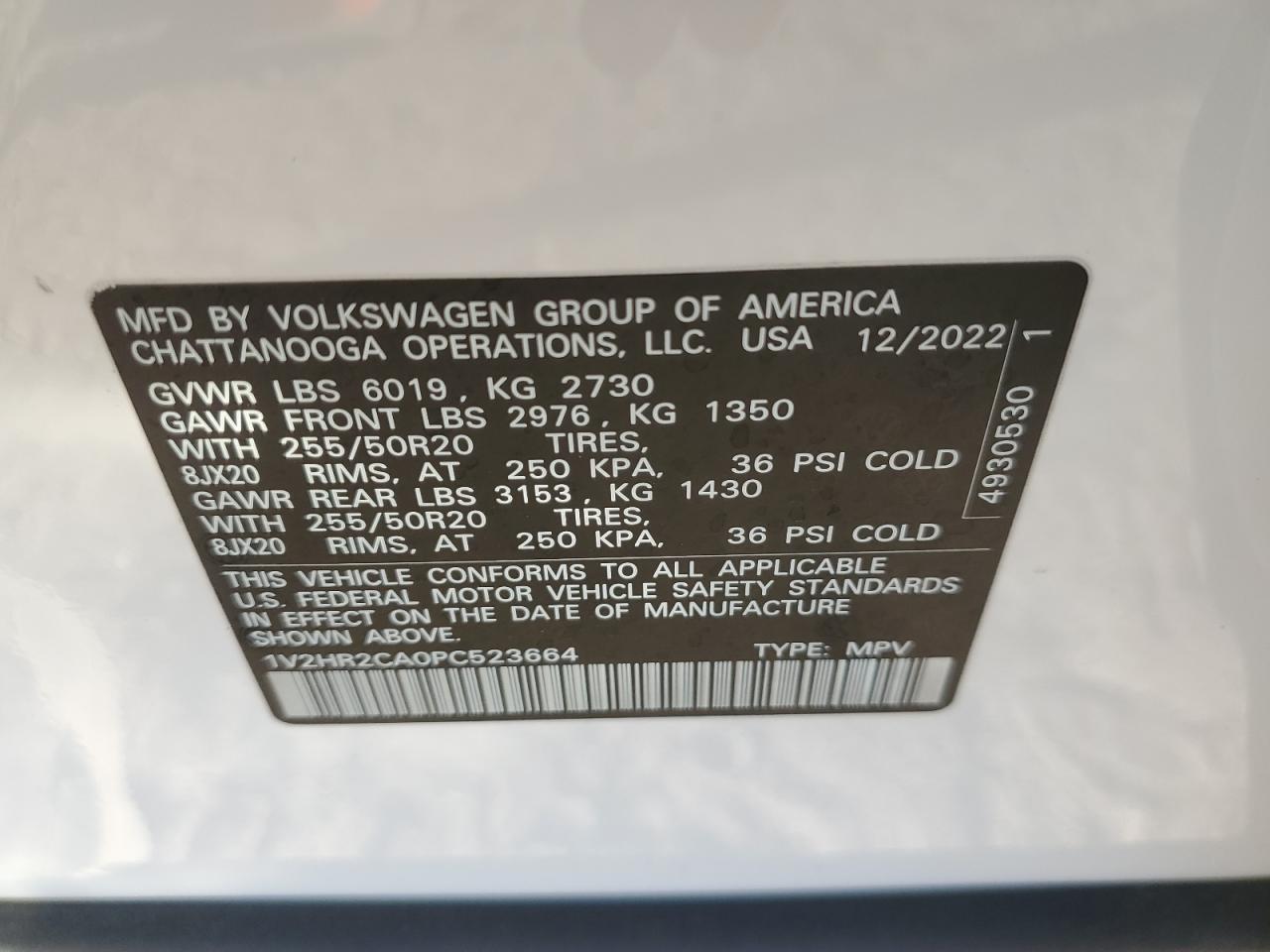 2023 Volkswagen Atlas Se VIN: 1V2HR2CA0PC523664 Lot: 86837615