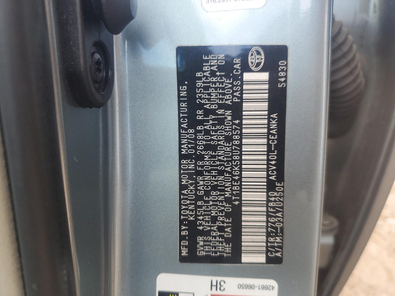 2008 Toyota Camry Ce VIN: 4T1BE46K58U788574 Lot: 86088175