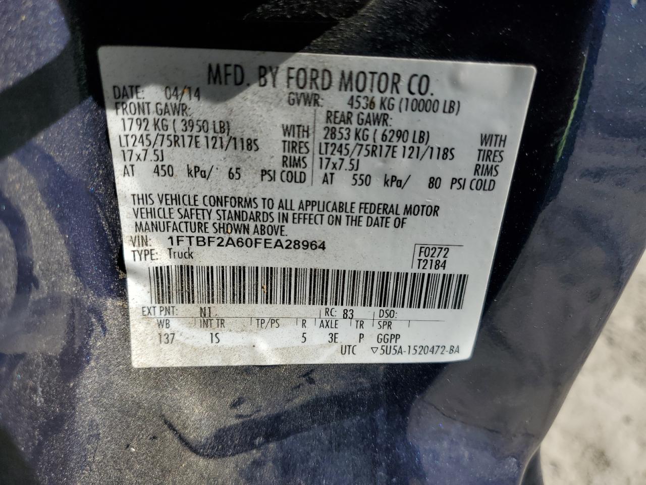 2015 Ford F250 Super Duty VIN: 1FTBF2A60FEA28964 Lot: 86505815