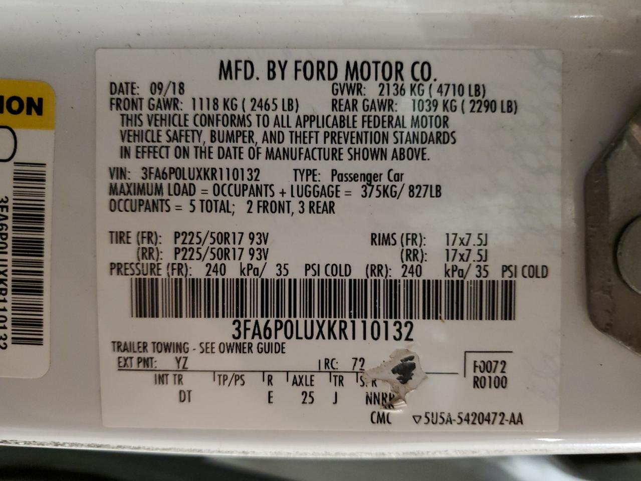 2019 Ford Fusion Se VIN: 3FA6P0LUXKR110132 Lot: 86082245