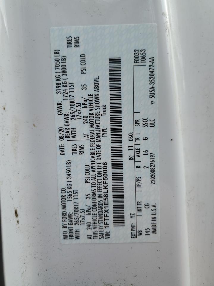 2020 Ford F150 Super Cab VIN: 1FTFX1E58LKF50006 Lot: 86274325