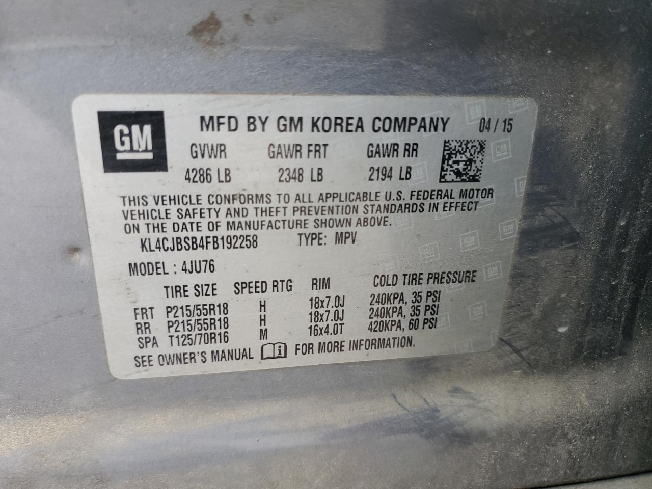 2015 Buick Encore Convenience VIN: KL4CJBSB4FB192258 Lot: 85140295