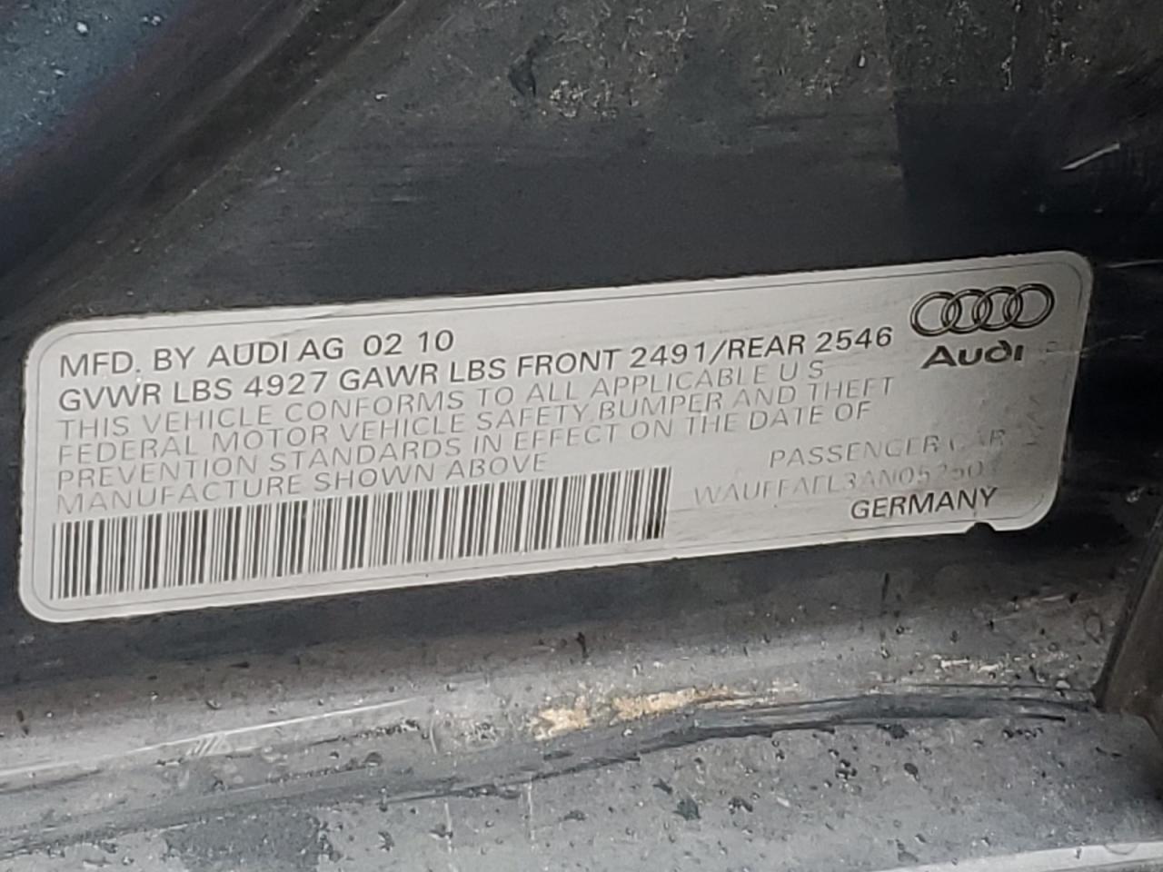 2010 Audi A4 Premium Plus VIN: WAUFFAFL3AN052501 Lot: 86311175