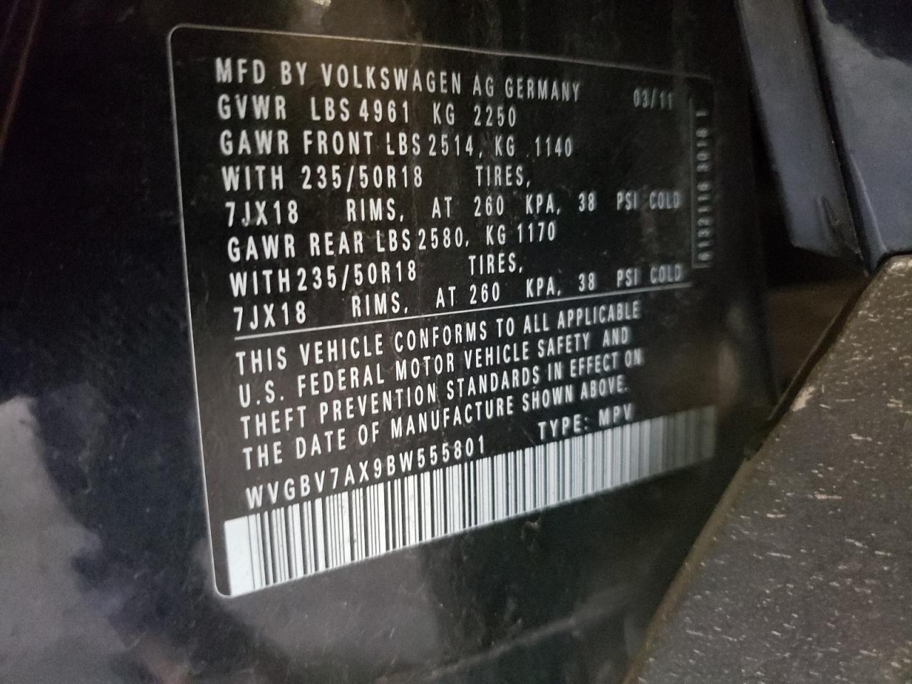 2011 Volkswagen Tiguan S VIN: WVGBV7AX9BW555801 Lot: 82320045