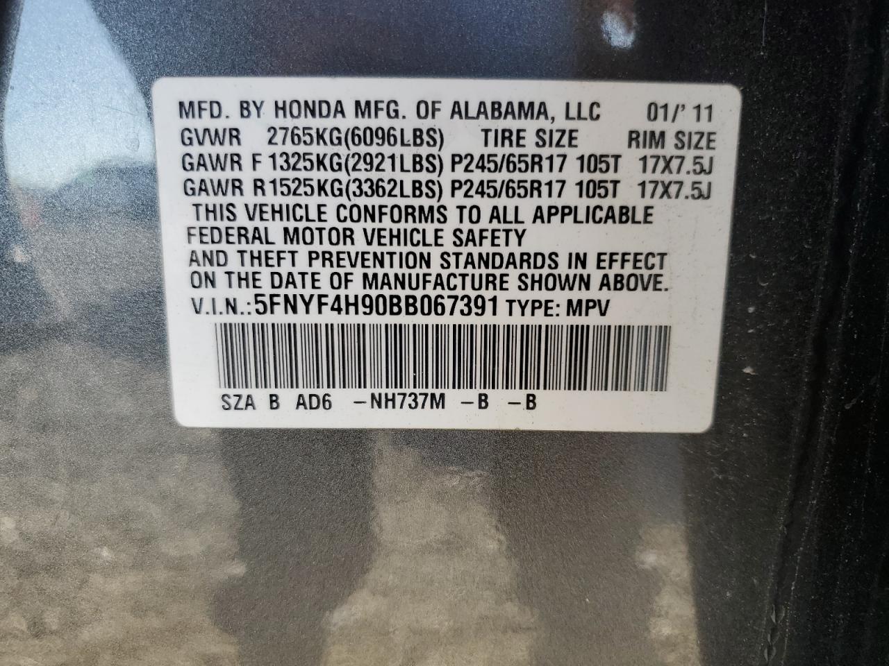 2011 Honda Pilot Touring VIN: 5FNYF4H90BB067391 Lot: 86303065