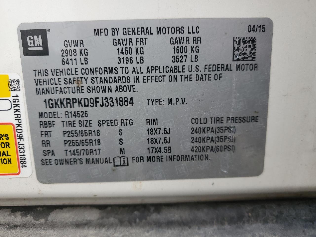 2015 GMC Acadia Sle VIN: 1GKKRPKD9FJ331884 Lot: 85958275