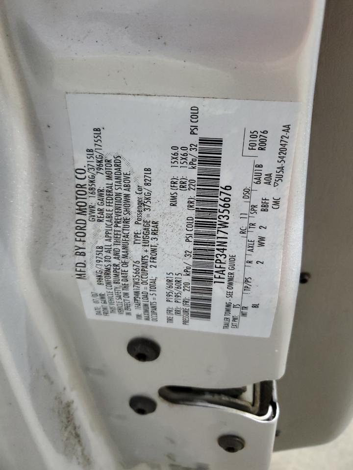 2007 Ford Focus Zx4 VIN: 1FAFP34N17W356676 Lot: 87098405