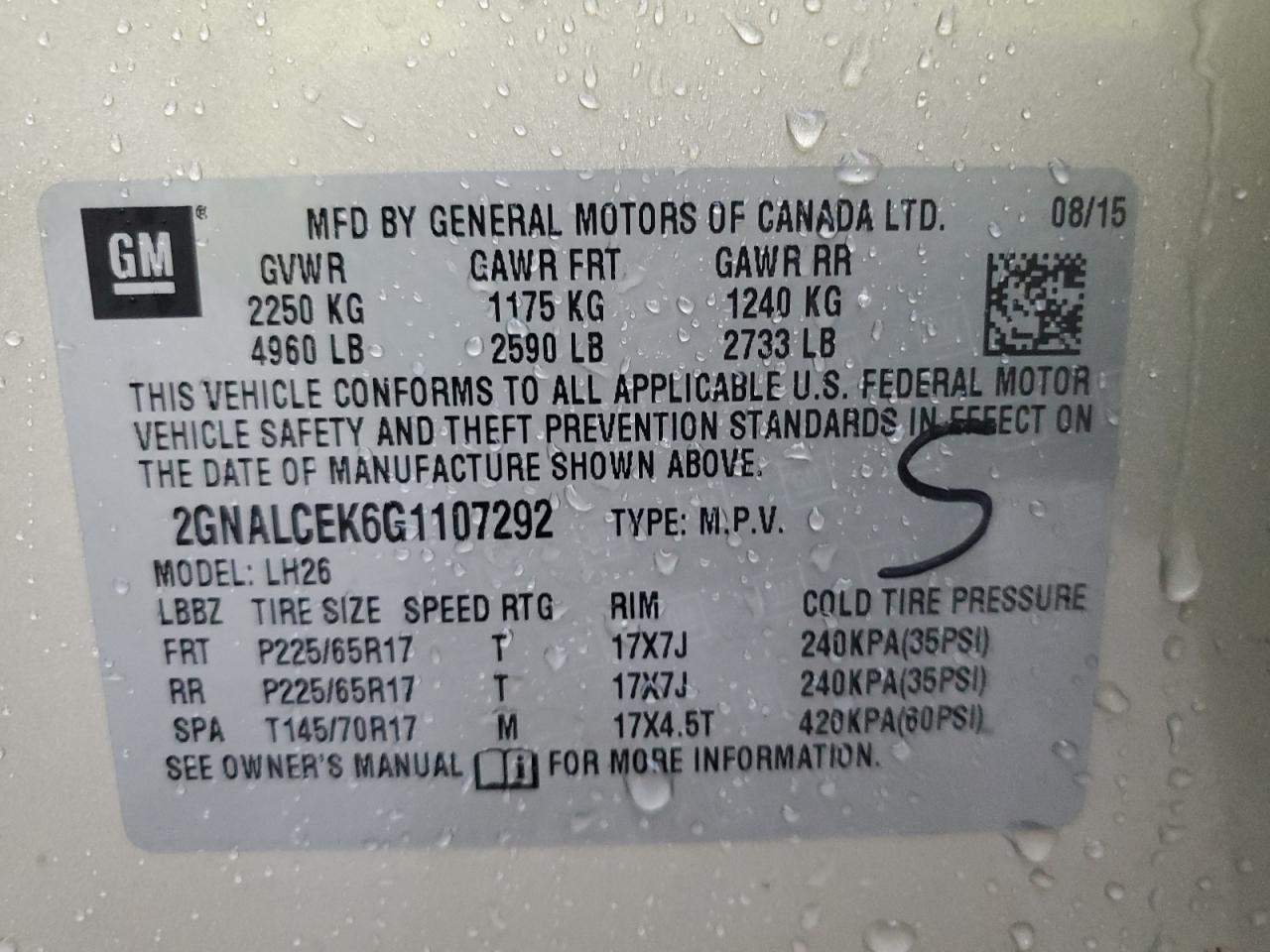 2016 Chevrolet Equinox Lt VIN: 2GNALCEK6G1107292 Lot: 85311705