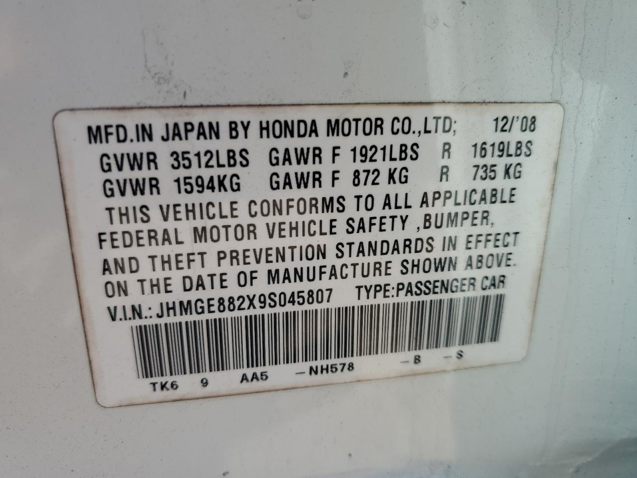 2009 Honda Fit VIN: JHMGE882X9S045807 Lot: 86308635