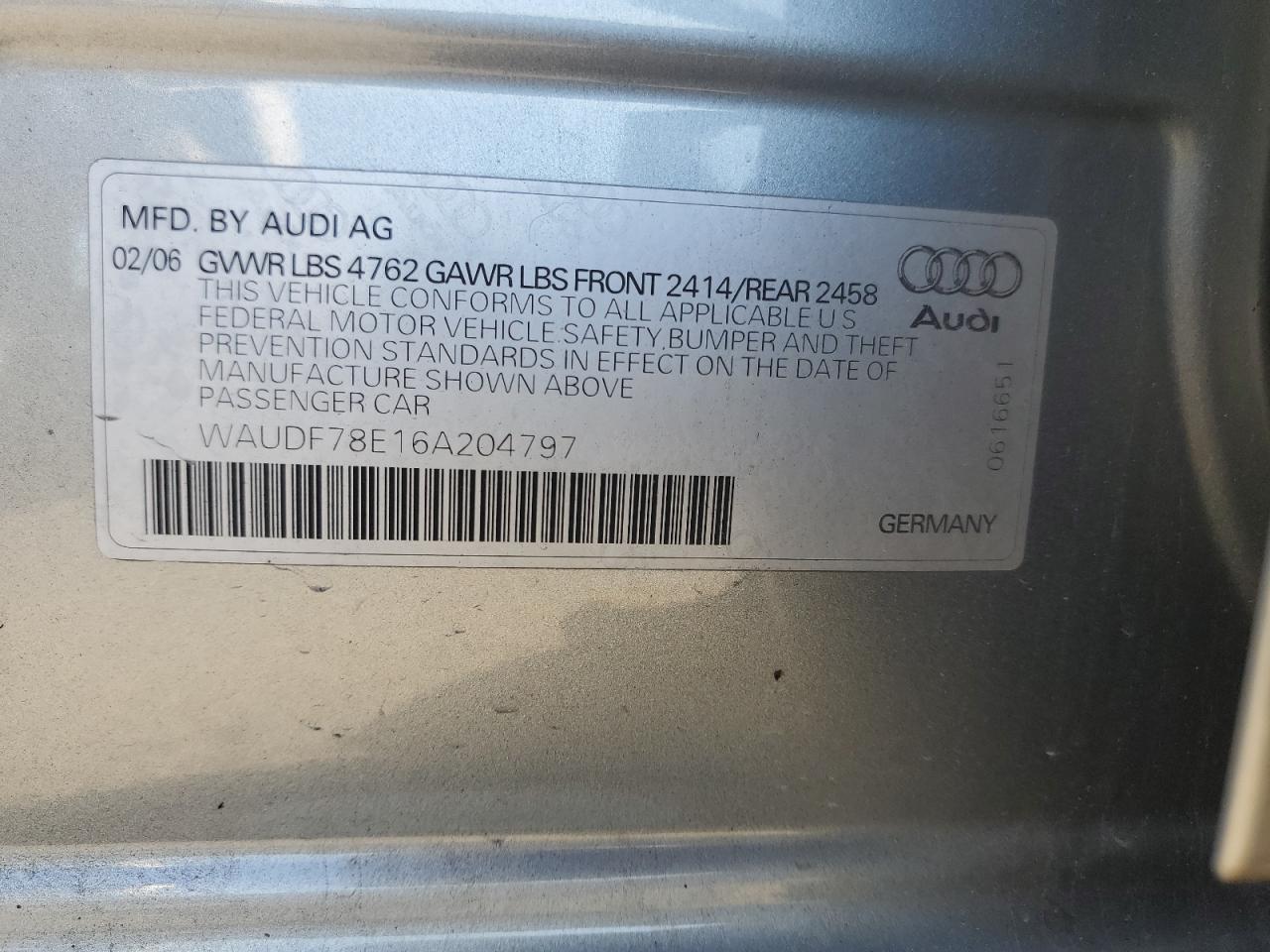 2006 Audi A4 2.0T Quattro VIN: WAUDF78E16A204797 Lot: 82420735