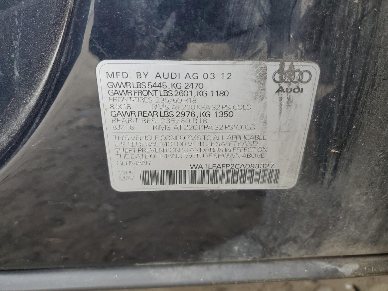 2012 Audi Q5 Premium Plus VIN: WA1LFAFP2CA093327 Lot: 82214065
