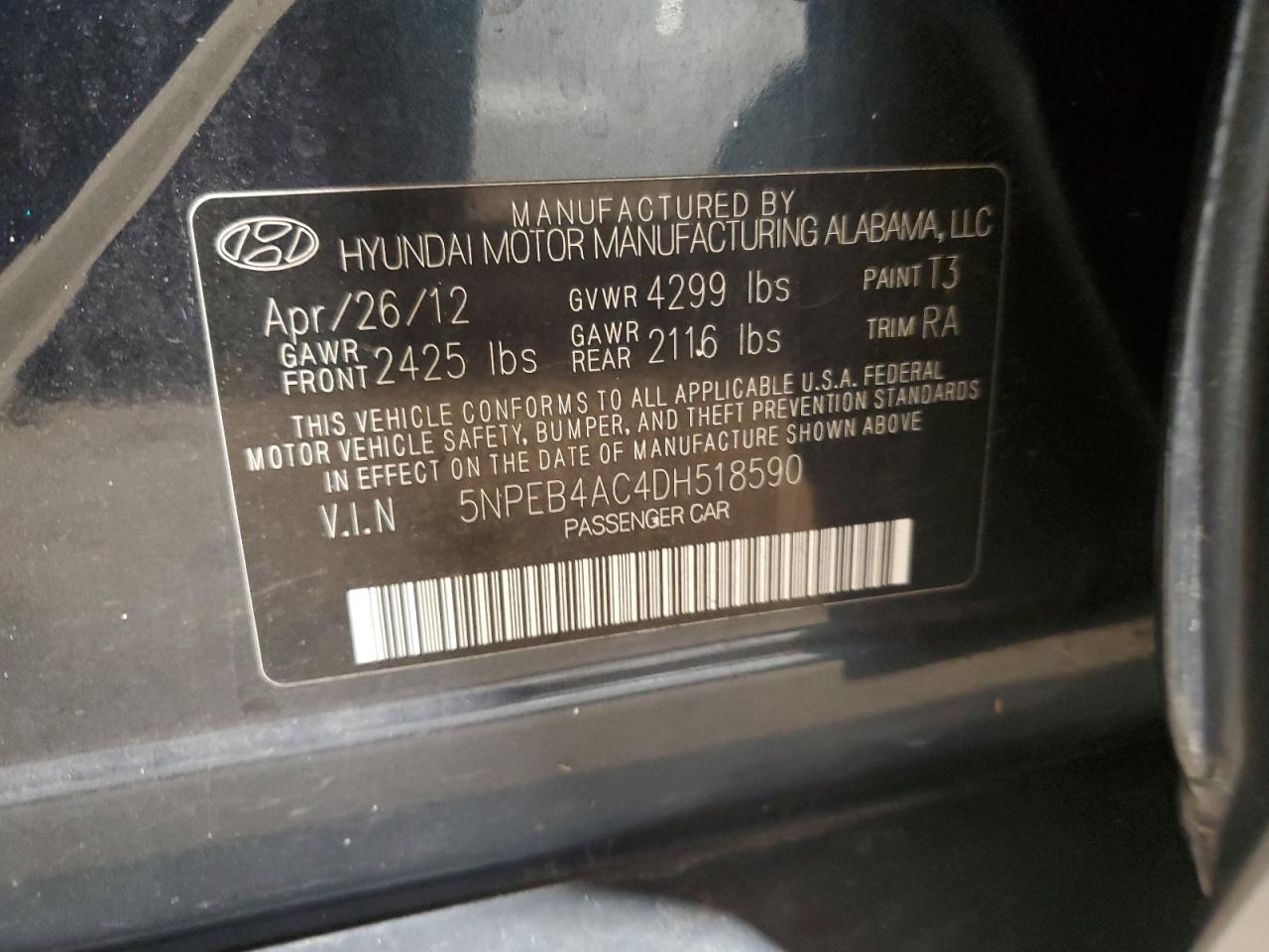 2013 Hyundai Sonata Gls VIN: 5NPEB4AC4DH518590 Lot: 85145995