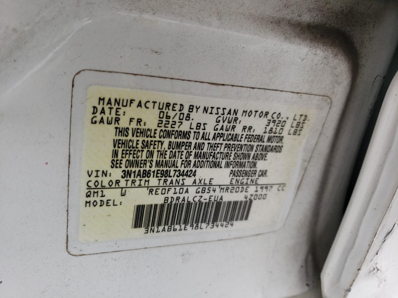 2008 Nissan Sentra 2.0 VIN: 3N1AB61E98L734424 Lot: 84983115