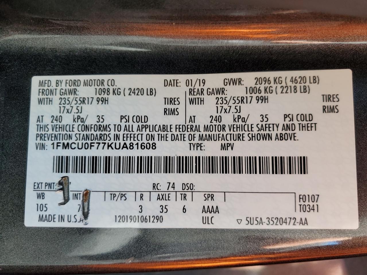 2019 Ford Escape S VIN: 1FMCU0F77KUA81608 Lot: 86171305