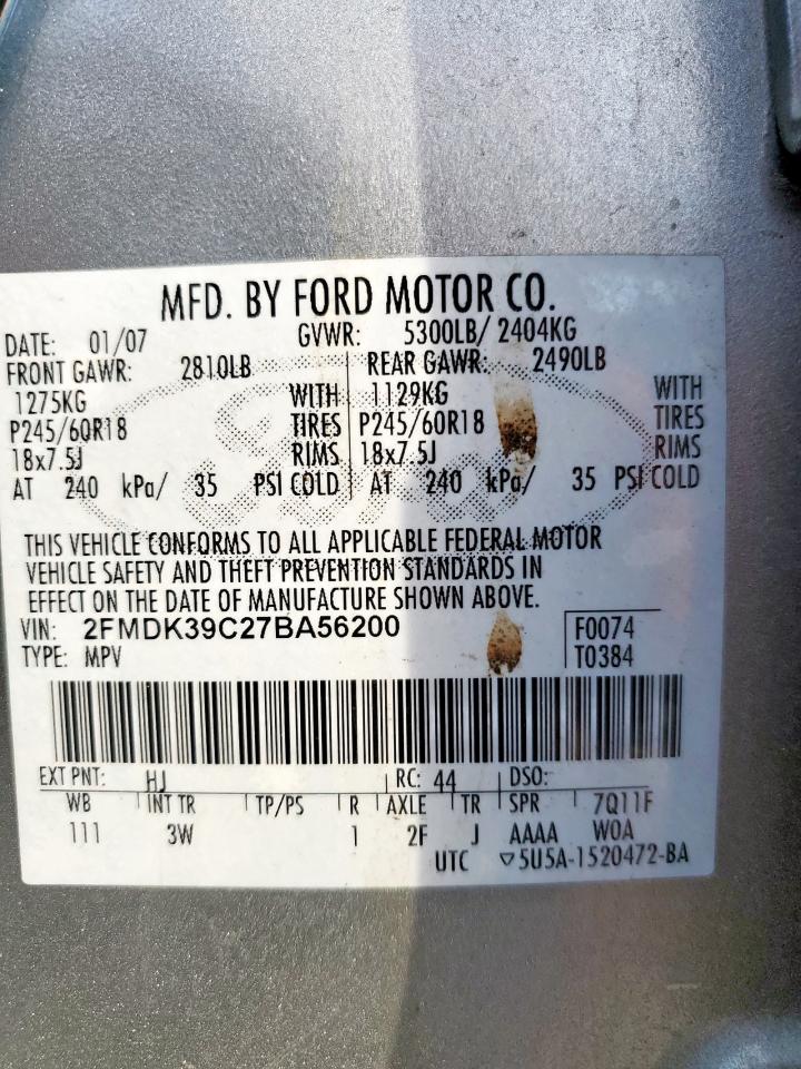 2007 Ford Edge Sel Plus VIN: 2FMDK39C27BA56200 Lot: 82281125