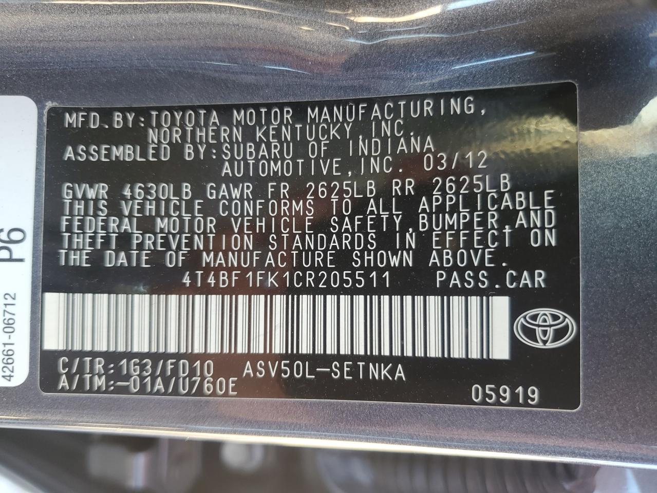 2012 Toyota Camry Base VIN: 4T4BF1FK1CR205511 Lot: 82362795