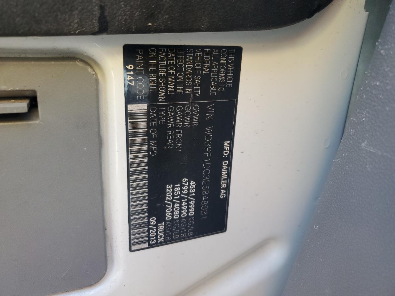 2014 Mercedes-Benz Sprinter 3500 VIN: WD3PF1DC3E5848031 Lot: 90613585