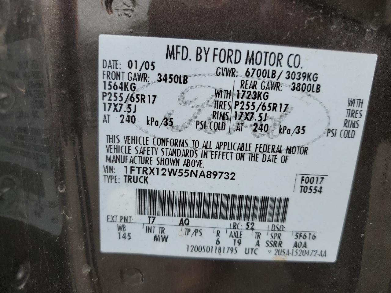 2005 Ford F150 VIN: 1FTRX12W55NA89732 Lot: 86171915