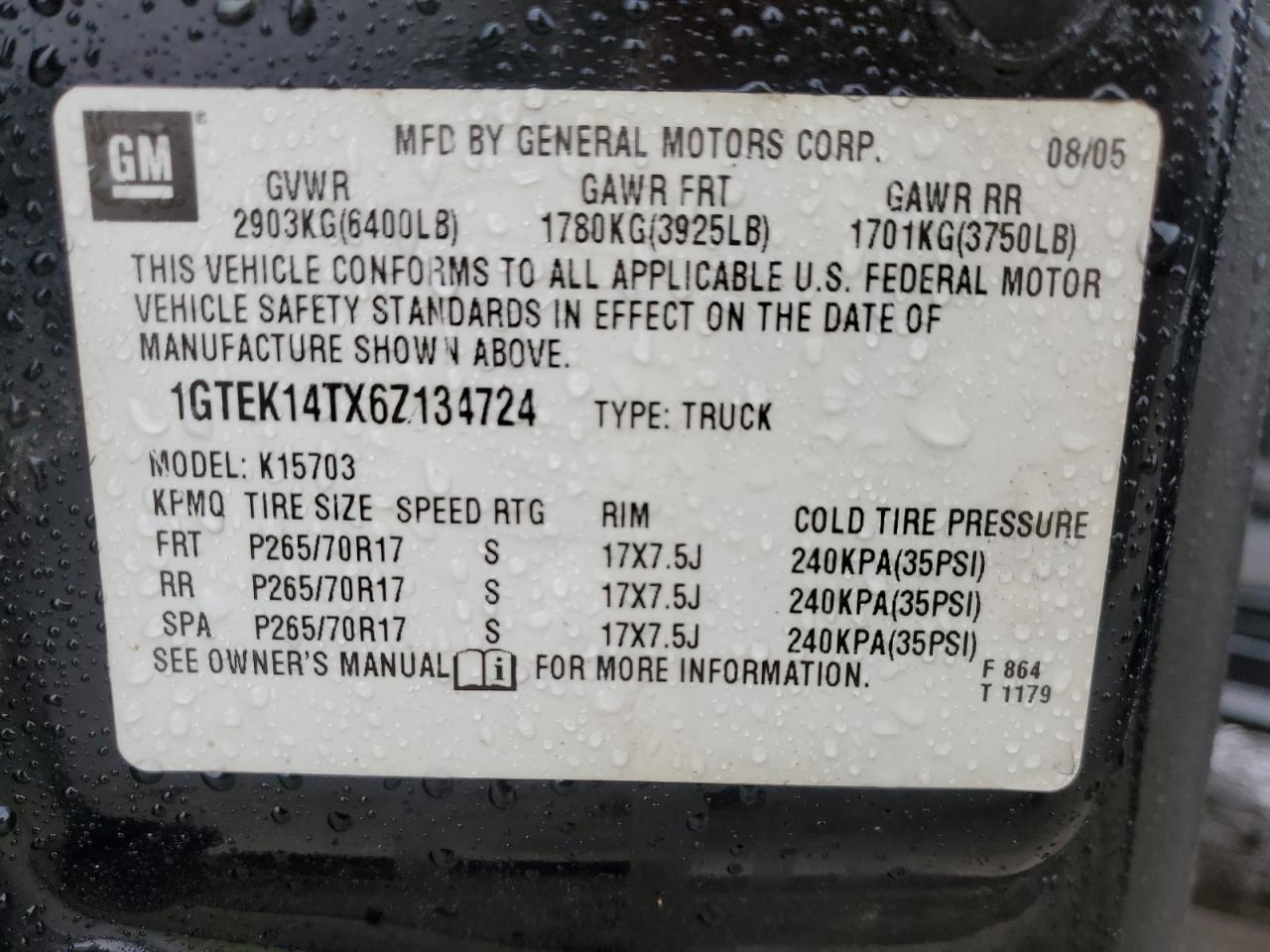 2006 GMC New Sierra K1500 VIN: 1GTEK14TX6Z134724 Lot: 86493405