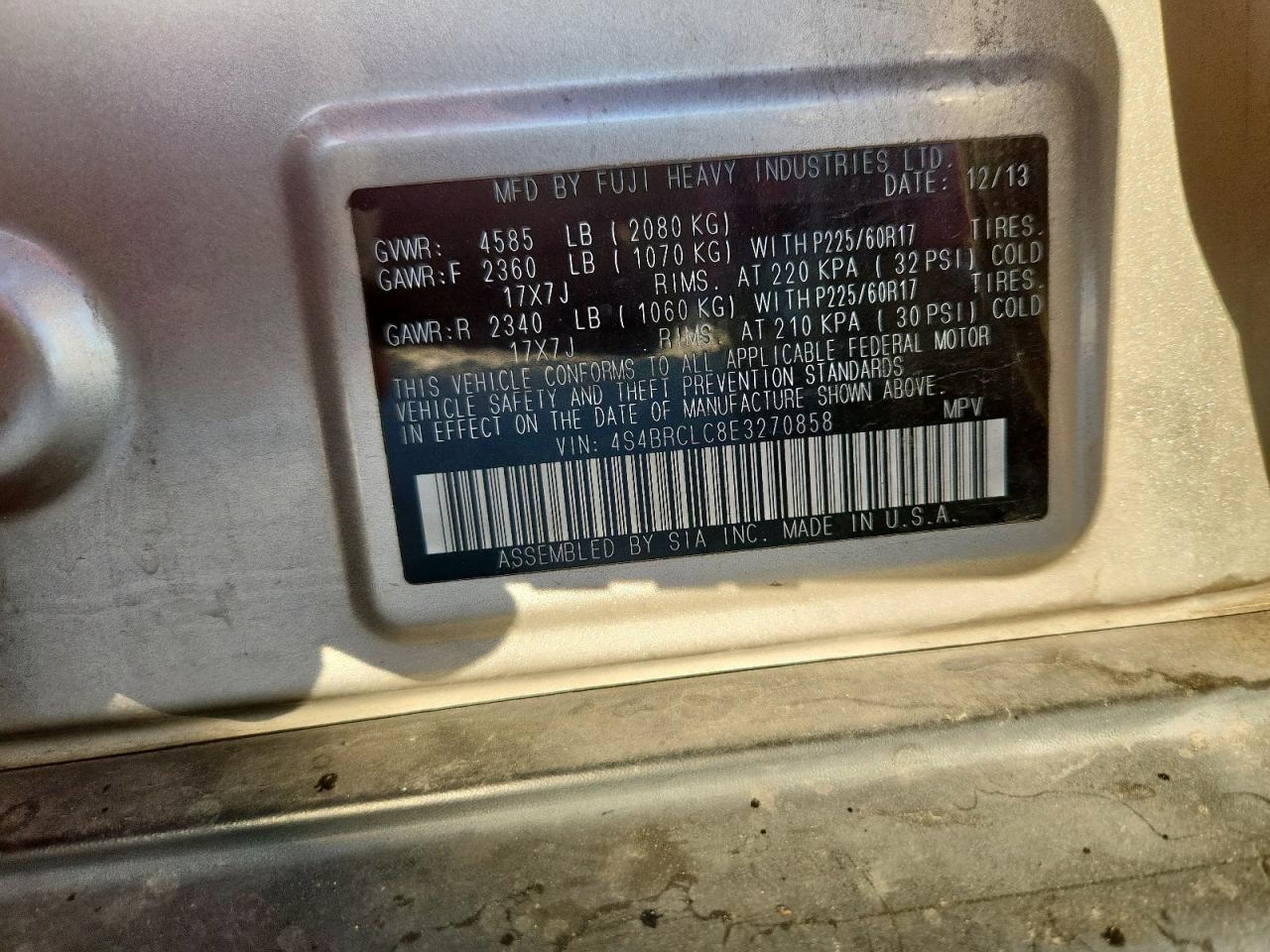 2014 Subaru Outback 2.5I Limited VIN: 4S4BRCLC8E3270858 Lot: 86296635