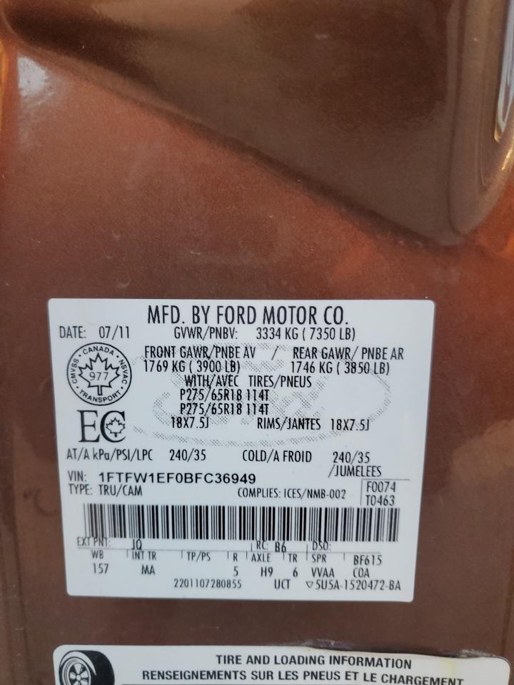 2011 Ford F150 Supercrew VIN: 1FTFW1EF0BFC36949 Lot: 90555485