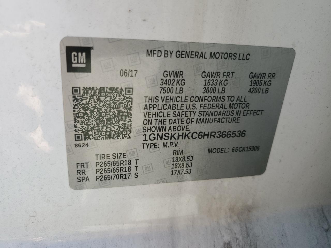 2017 Chevrolet Suburban K1500 Lt VIN: 1GNSKHKC6HR366536 Lot: 85186615