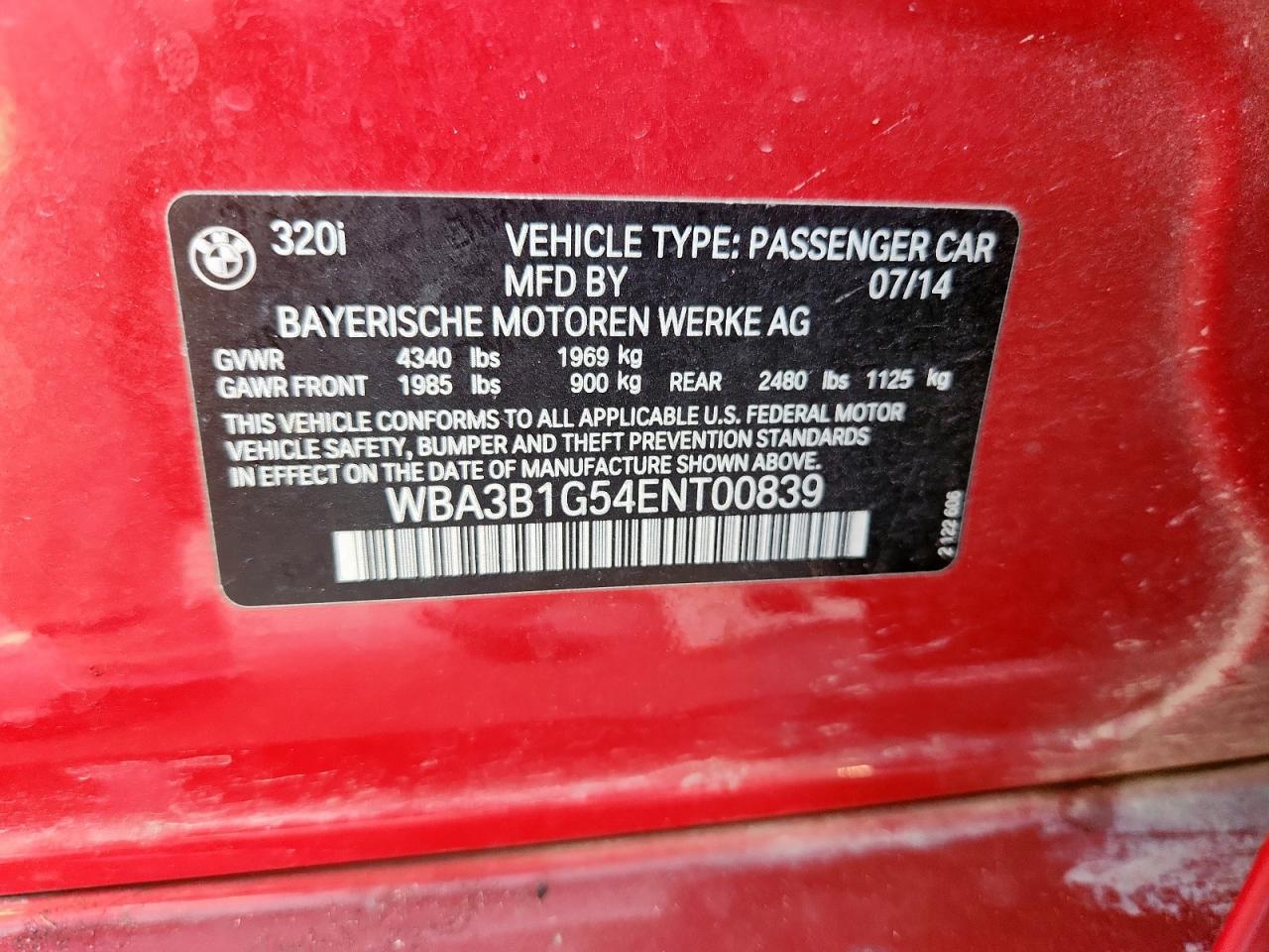 2014 BMW 320 I VIN: WBA3B1G54ENT00839 Lot: 82287785