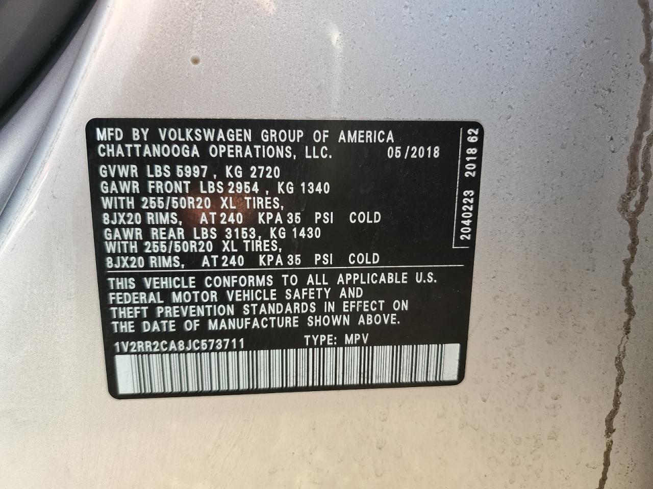 2018 Volkswagen Atlas Sel VIN: 1V2RR2CA8JC573711 Lot: 80900975