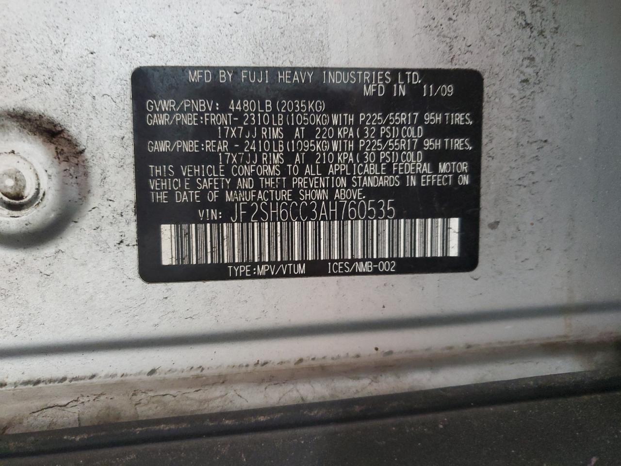 2010 Subaru Forester 2.5X Premium VIN: JF2SH6CC3AH760535 Lot: 85080865