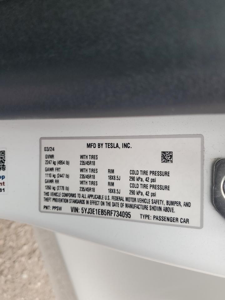2024 Tesla Model 3 VIN: 5YJ3E1EB5RF734095 Lot: 85373245