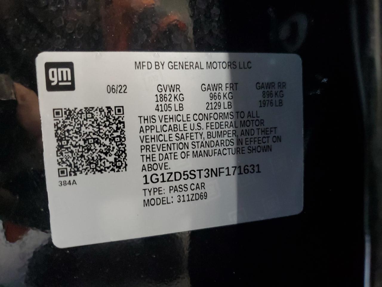 2022 Chevrolet Malibu Lt VIN: 1G1ZD5ST3NF171631 Lot: 82299795