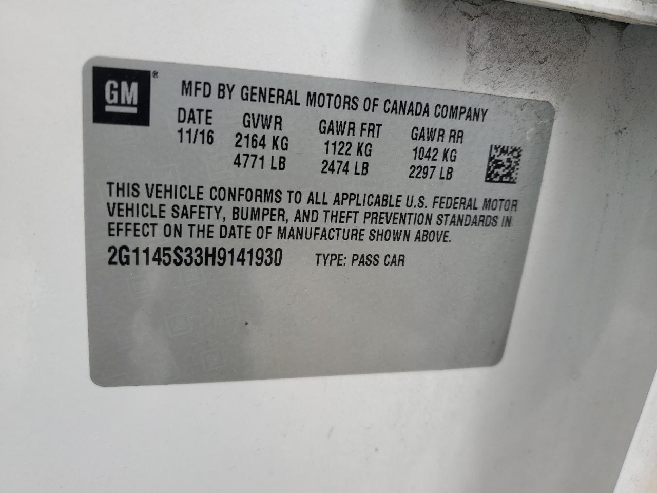 2017 Chevrolet Impala Premier VIN: 2G1145S33H9141930 Lot: 85716095