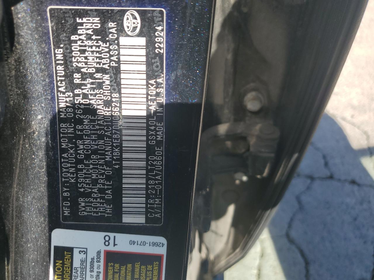 2013 Toyota Avalon Base VIN: 4T1BK1EB7DU066218 Lot: 82104935