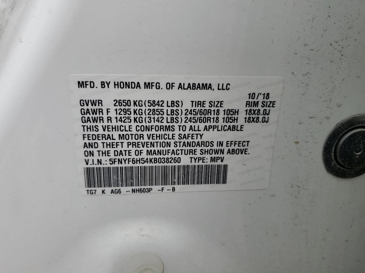 2019 Honda Pilot Exl VIN: 5FNYF6H54KB038260 Lot: 85902435