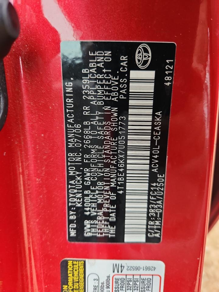 2007 Toyota Camry Ce VIN: 4T1BE46KX7U051773 Lot: 85874905