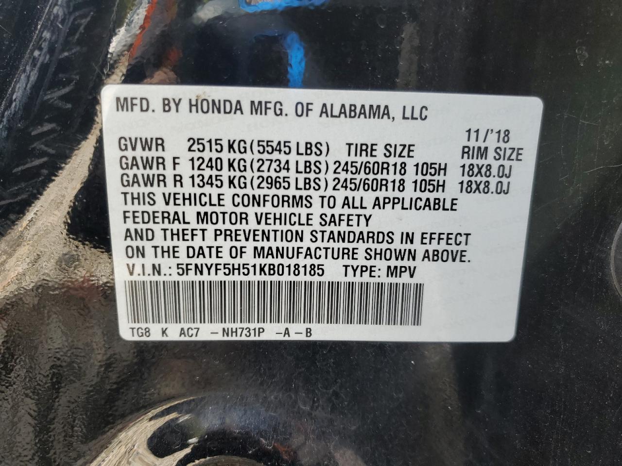 2019 Honda Pilot Exl VIN: 5FNYF5H51KB018185 Lot: 90376875