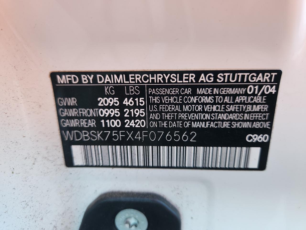 2004 Mercedes-Benz Sl 500 VIN: WDBSK75FX4F076562 Lot: 87221275