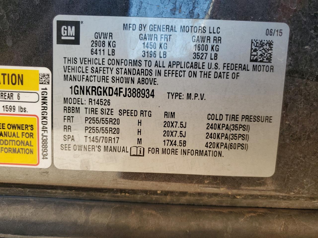 2015 Chevrolet Traverse Lt VIN: 1GNKRGKD4FJ388934 Lot: 84790415