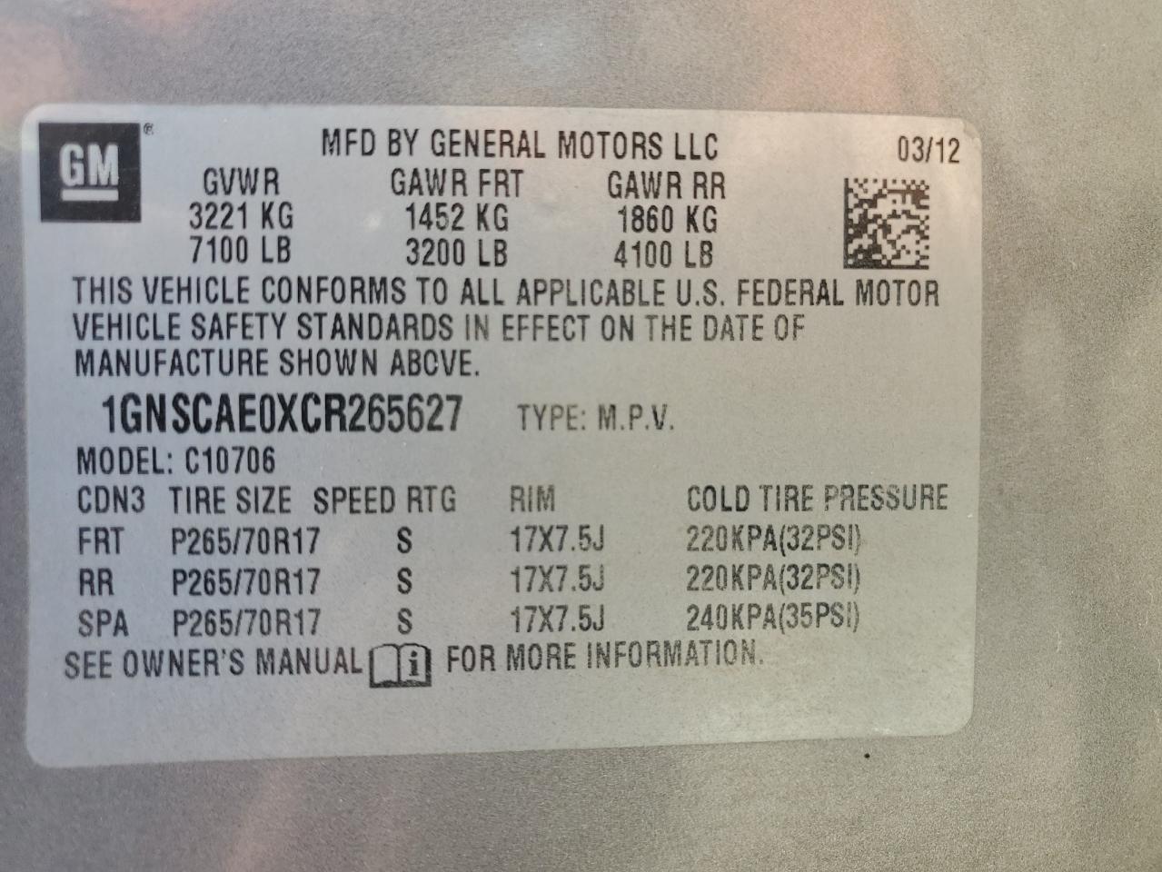 2012 Chevrolet Tahoe C1500 Ls VIN: 1GNSCAE0XCR265627 Lot: 81849425