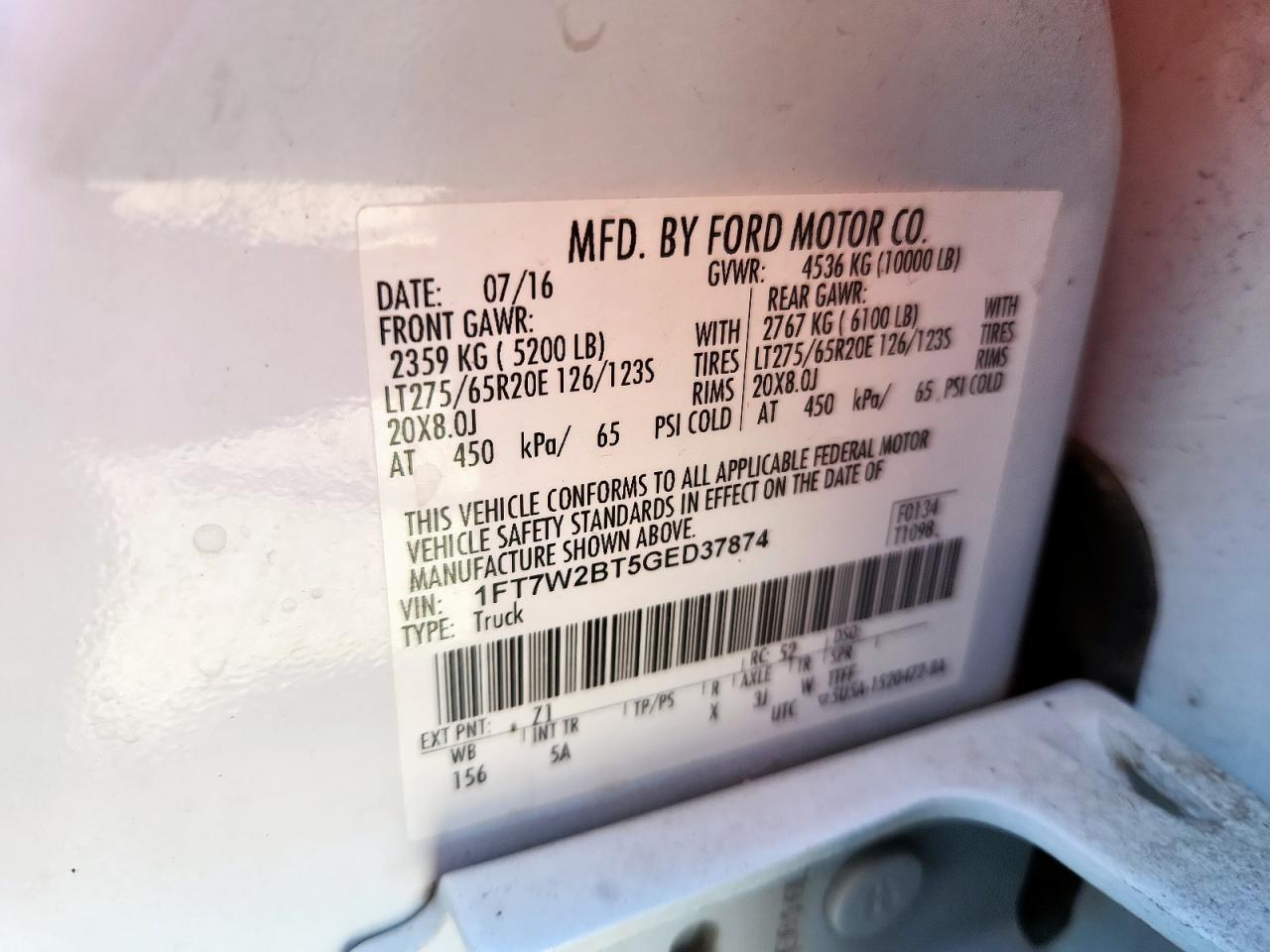 2016 Ford F250 Super Duty VIN: 1FT7W2BT5GED37874 Lot: 85785935